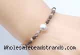 CFB839 4mm faceted round brown zebra jasper & potato white freshwater pearl bracelet