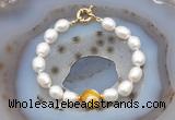 CFB919 Hand-knotted 9mm - 10mm rice white freshwater pearl & yellow banded agate bracelet