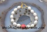 CFB920 Hand-knotted 9mm - 10mm rice white freshwater pearl & red banded agate bracelet