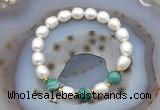 CFB922 9mm - 10mm rice white freshwater pearl & green banded agate stretchy bracelet