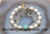 CFB939 Hand-knotted 9mm - 10mm rice white freshwater pearl & amazonite bracelet