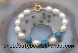 CFB940 Hand-knotted 9mm - 10mm rice white freshwater pearl & apatite bracelet