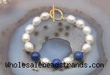 CFB941 Hand-knotted 9mm - 10mm rice white freshwater pearl & lapis lazuli bracelet