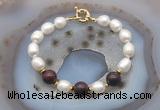 CFB948 Hand-knotted 9mm - 10mm rice white freshwater pearl & brecciated jasper bracelet