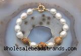 CFB950 Hand-knotted 9mm - 10mm rice white freshwater pearl & picture jasper bracelet