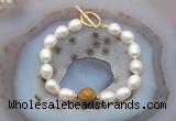 CFB951 Hand-knotted 9mm - 10mm rice white freshwater pearl & wooden jasper bracelet