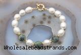 CFB955 Hand-knotted 9mm - 10mm rice white freshwater pearl & African turquoise bracelet