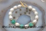 CFB962 Hand-knotted 9mm - 10mm rice white freshwater pearl & peafowl agate bracelet