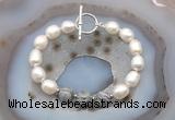 CFB969 Hand-knotted 9mm - 10mm rice white freshwater pearl & grey picture jasper bracelet