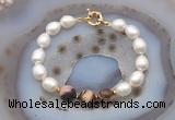 CFB970 Hand-knotted 9mm - 10mm rice white freshwater pearl & brown zebra jasper bracelet