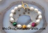 CFB982 Hand-knotted 9mm - 10mm rice white freshwater pearl & colorful tiger eye bracelet