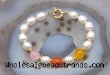 CFB996 Hand-knotted 9mm - 10mm rice white freshwater pearl & colorful candy jade bracelet