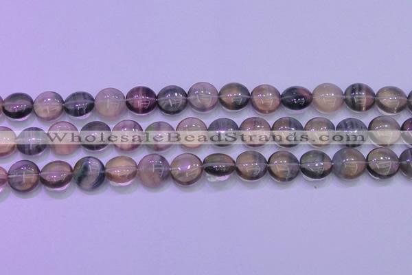 CFL1332 15.5 inches 12mm flat round purple fluorite gemstone beads