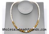 CFN129 potato white freshwater pearl & golden tiger eye necklace, 16 - 24 inches