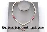 CFN163 baroque white freshwater pearl & pink wooden jasper necklace with pendant