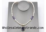 CFN164 baroque white freshwater pearl & dogtooth amethyst necklace with pendant