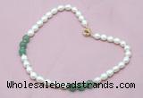 CFN304 Rice white freshwater pearl & green aventurine necklace, 16 - 24 inches