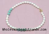 CFN314 9 - 10mm rice white freshwater pearl & amazonite necklace wholesale