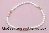 CFN324 9 - 10mm rice white freshwater pearl & pink opal necklace wholesale