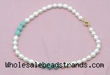 CFN325 9 - 10mm rice white freshwater pearl & amazonite necklace wholesale