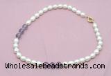 CFN332 9 - 10mm rice white freshwater pearl & amethyst necklace wholesale