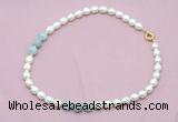 CFN335 9 - 10mm rice white freshwater pearl & aquamarine necklace wholesale