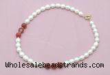 CFN344 9 - 10mm rice white freshwater pearl & red banded agate necklace wholesale