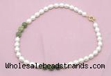 CFN348 9 - 10mm rice white freshwater pearl & China jade necklace wholesale