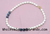 CFN351 9 - 10mm rice white freshwater pearl & dumortierite necklace wholesale