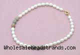 CFN357 9 - 10mm rice white freshwater pearl & serpentine jasper necklace wholesale