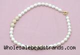 CFN359 9 - 10mm rice white freshwater pearl & white fossil jasper necklace wholesale