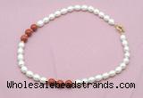 CFN361 9 - 10mm rice white freshwater pearl & red jasper necklace wholesale