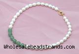 CFN402 9-10mm rice white freshwater pearl & green aventurine necklace