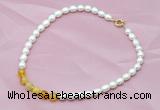 CFN405 9-10mm rice white freshwater pearl & yellow banded agate necklace