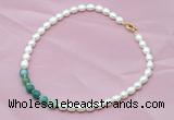 CFN407 9-10mm rice white freshwater pearl & green banded agate necklace