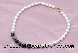 CFN408 9-10mm rice white freshwater pearl & black banded agate necklace