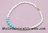 CFN422 9 - 10mm rice white freshwater pearl & blue howlite necklace wholesale