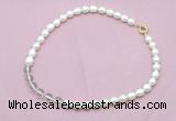 CFN431 9 - 10mm rice white freshwater pearl & white crystal necklace