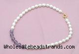 CFN432 9 - 10mm rice white freshwater pearl & amethyst gemstone necklace