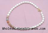 CFN437 9 - 10mm rice white freshwater pearl & rainbow moonstone necklace