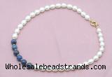 CFN451 9 - 10mm rice white freshwater pearl & dumortierite gemstone necklace