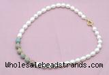 CFN457 9 - 10mm rice white freshwater pearl & serpentine jasper necklace