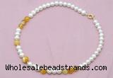 CFN522 9mm - 10mm potato white freshwater pearl & yellow banded agate necklace