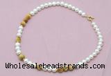 CFN526 9mm - 10mm potato white freshwater pearl & golden tiger eye necklace