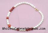 CFN544 9mm - 10mm potato white freshwater pearl & red banded agate necklace