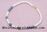 CFN550 9mm - 10mm potato white freshwater pearl & blue spot stone necklace