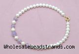 CFN705 9mm - 10mm potato white freshwater pearl & lavender amethyst necklace