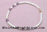 CFN712 9mm - 10mm potato white freshwater pearl & amethyst necklace