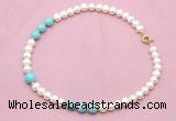 CFN725 9mm - 10mm potato white freshwater pearl & blue howlite necklace