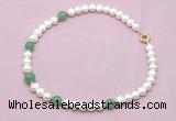 CFN726 9mm - 10mm potato white freshwater pearl & green aventurine necklace